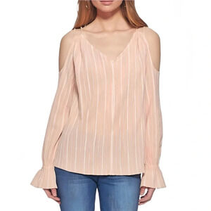 JESSICA SIMPSON - Women's Pink Stripe Cold Shoulder V-Neck 100% Cotton Blouse XS